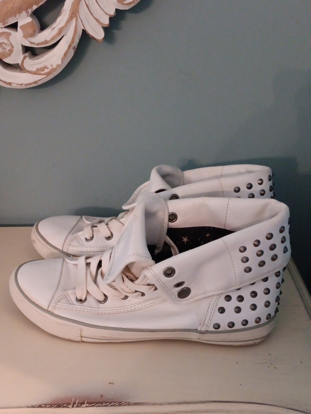 ^ White Faux Leather High-Top Studded Sneakers